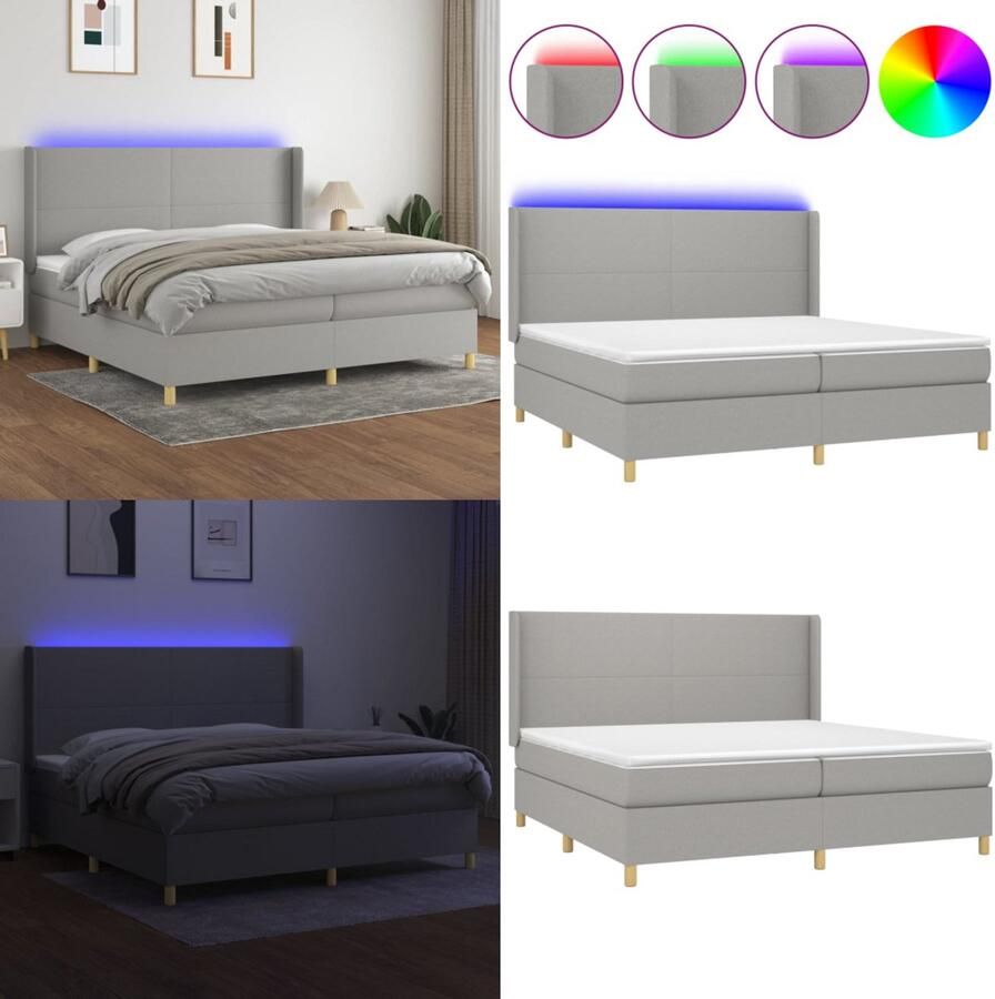 VidaXL Boxspring met matras en LED stof lichtgrijs 200x200 cm Boxspring Boxsprings Bed Slaapmeubel