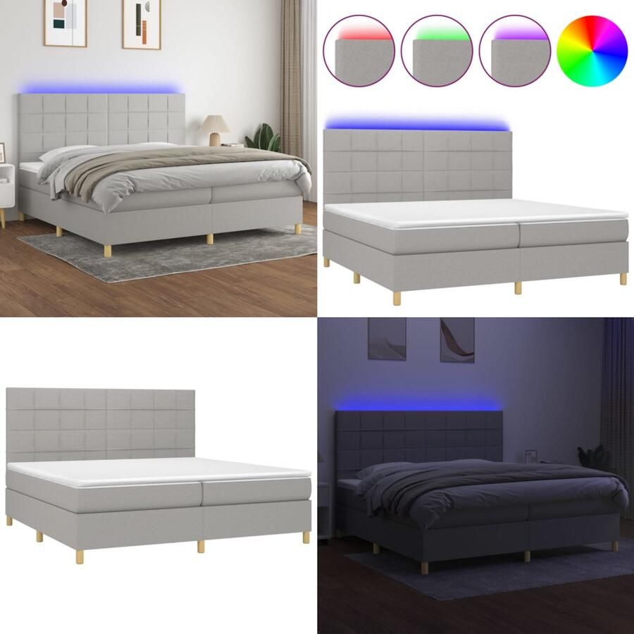 VidaXL Boxspring met matras en LED stof lichtgrijs 200x200 cm Boxspring Boxsprings Bed Slaapmeubel
