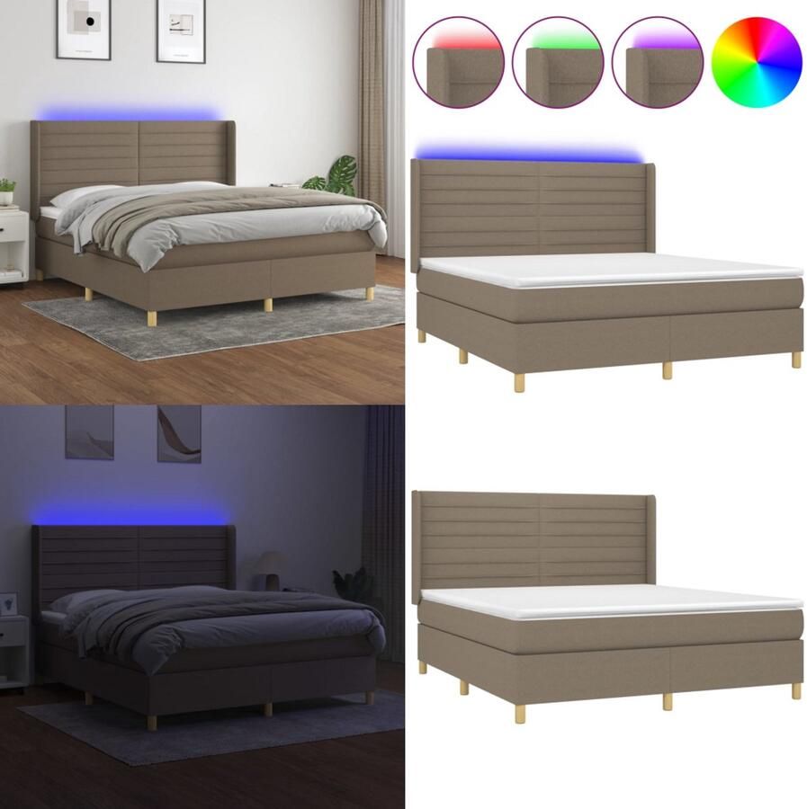 VidaXL Boxspring met matras en LED stof taupe 160x200 cm Boxspring Boxsprings Bed Slaapmeubel