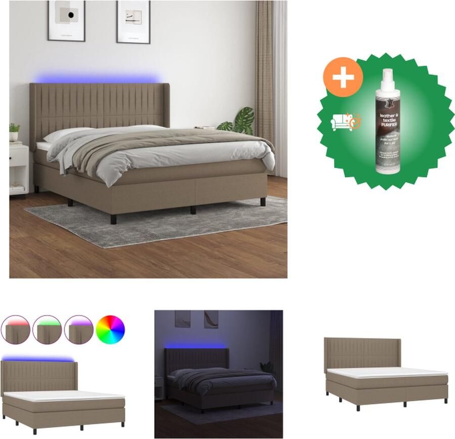 VidaXL Boxspring met matras en LED stof taupe 180x200 cm Bed Inclusief Reiniger