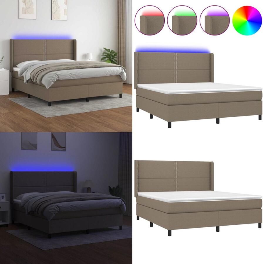 VidaXL Boxspring met matras en LED stof taupe 180x200 cm Boxspring Boxsprings Bed Slaapmeubel