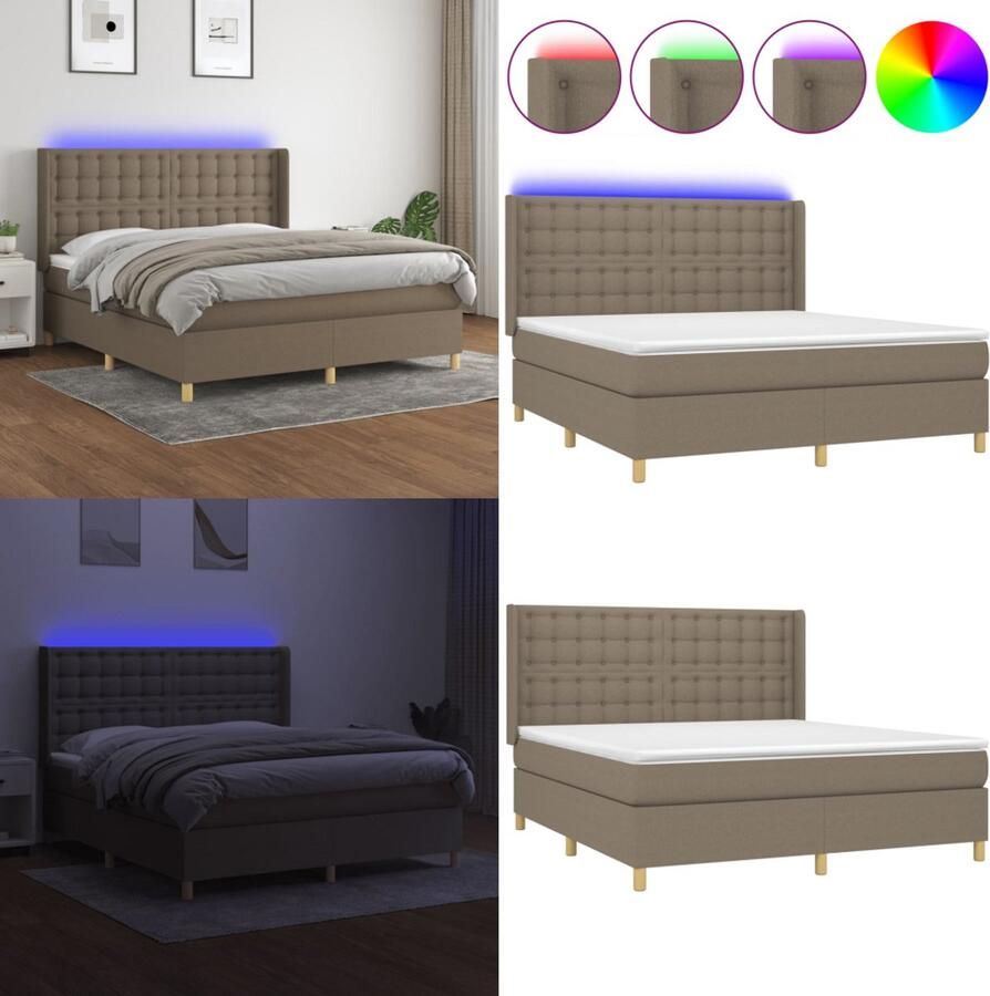 VidaXL Boxspring met matras en LED stof taupe 180x200 cm Boxspring Boxsprings Bed Slaapmeubel