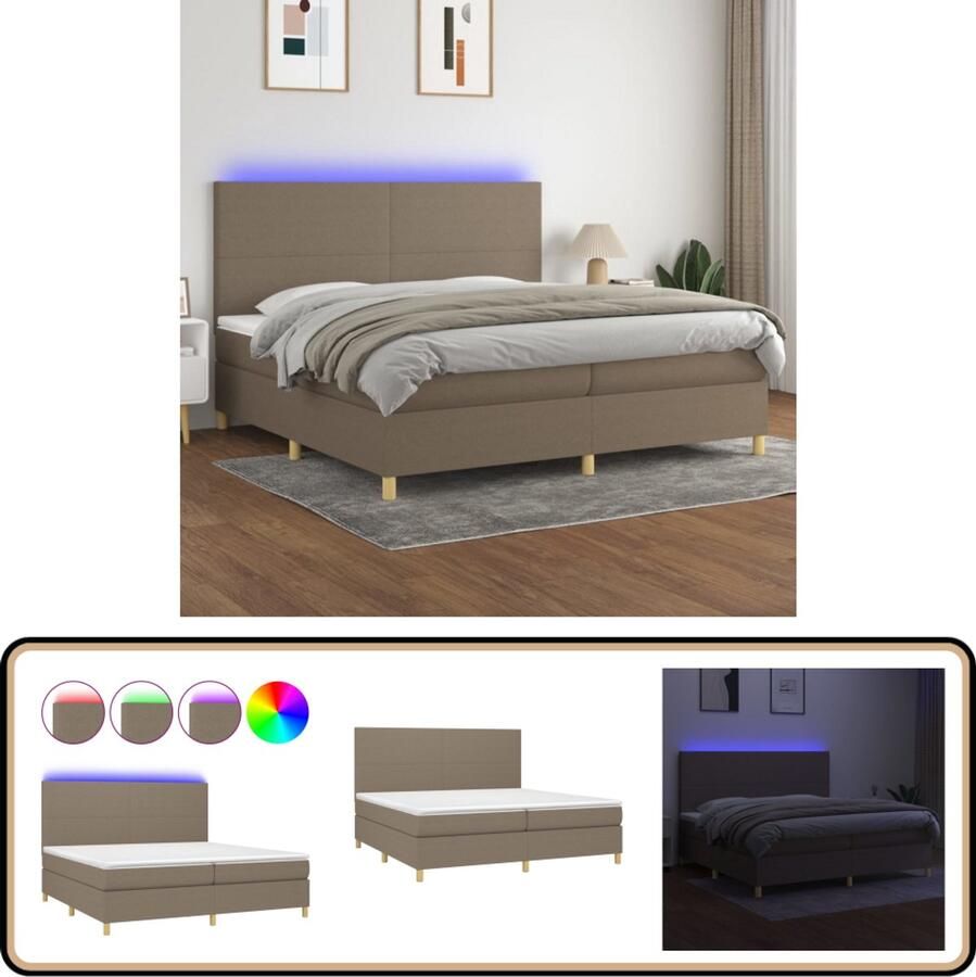 VidaXL Boxspring met matras en LED Stof Taupe 200x200 cm Boxspring Bed Led Bed Pocketveer Matras Hoofdbord Adjustable Headboard Taupecolor