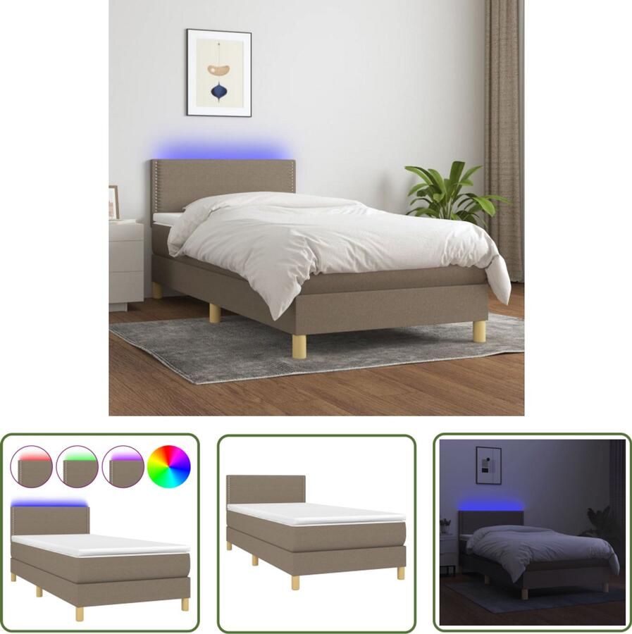 VidaXL Boxspring met matras en LED Stof Taupe Boxspring Led Lamp Verstelbare Hoofdbord Pocketveer Matras Huidgevend Topmatras Slaapcomfort Bedroom Decor