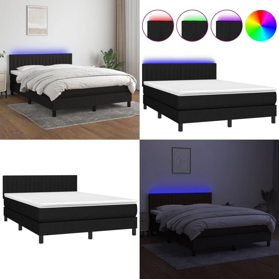 VidaXL Boxspring met matras en LED stof zwart 140x200 cm Boxspring Boxsprings Bed Slaapmeubel