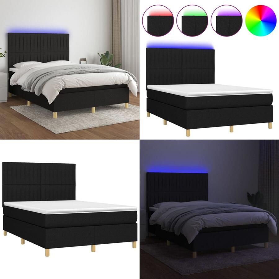 VidaXL Boxspring met matras en LED stof zwart 140x200 cm Boxspring Boxsprings Bed Slaapmeubel