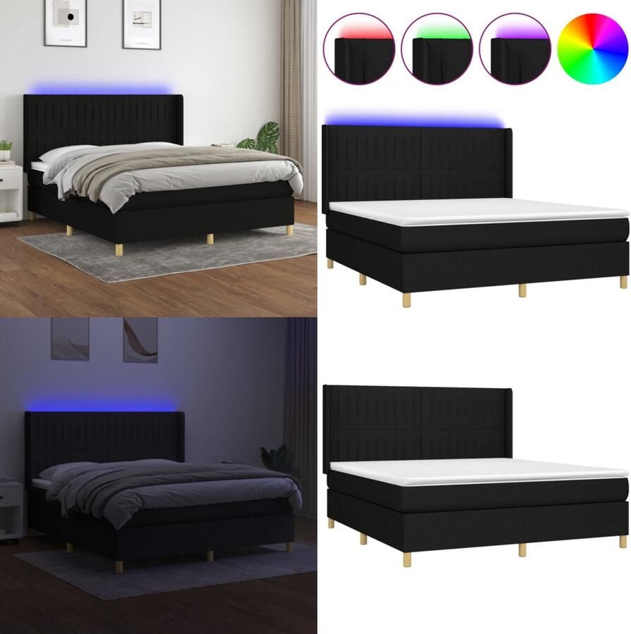 VidaXL Boxspring met matras en LED stof zwart 160x200 cm Boxspring Boxsprings Bed Slaapmeubel