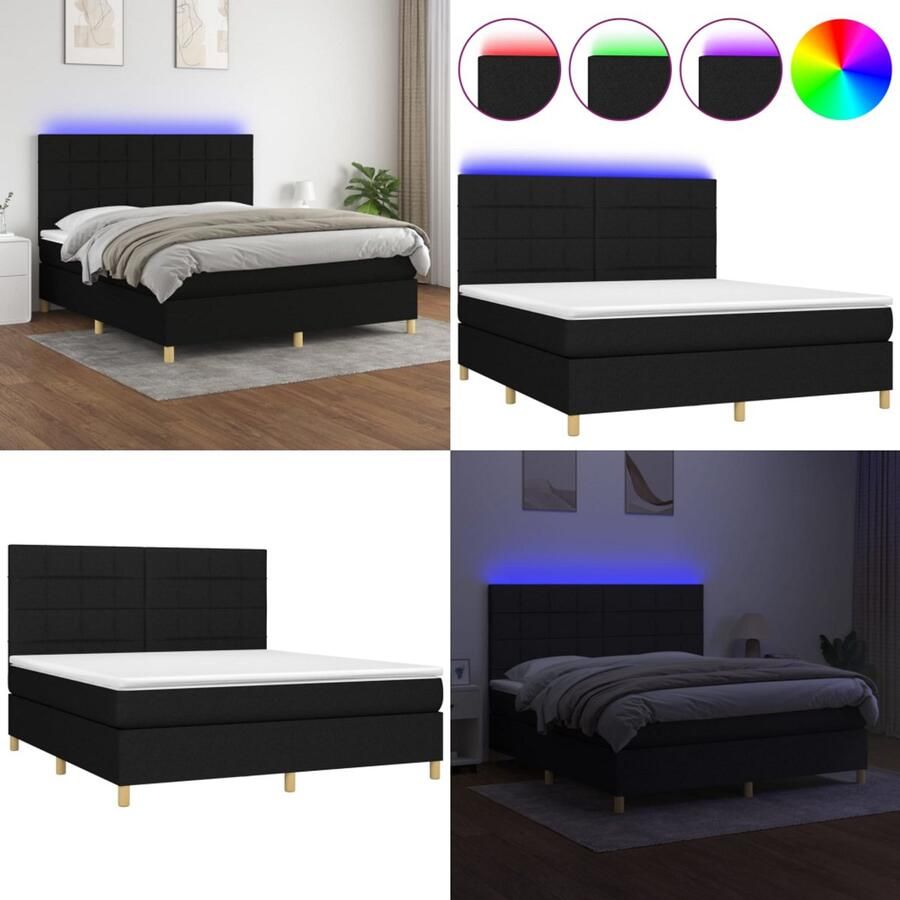 VidaXL Boxspring met matras en LED stof zwart 180x200 cm Boxspring Boxsprings Bed Slaapmeubel