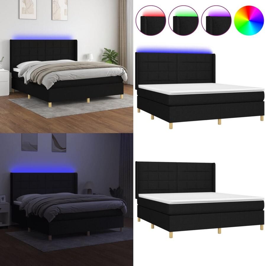 VidaXL Boxspring met matras en LED stof zwart 180x200 cm Boxspring Boxsprings Bed Slaapmeubel