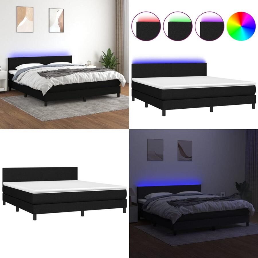 VidaXL Boxspring met matras en LED stof zwart 180x200 cm Boxspring Boxsprings Bed Slaapmeubel