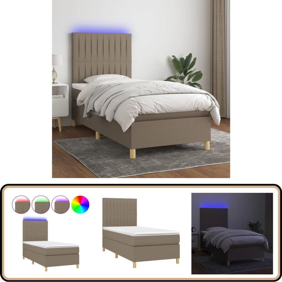 VidaXL Boxspring met matras en LED Taupe 100x200 cm Boxspring Bed Verstelbare Hoofdbord Led Verlichting Pocketvering Matras Huidgevend Topmatras