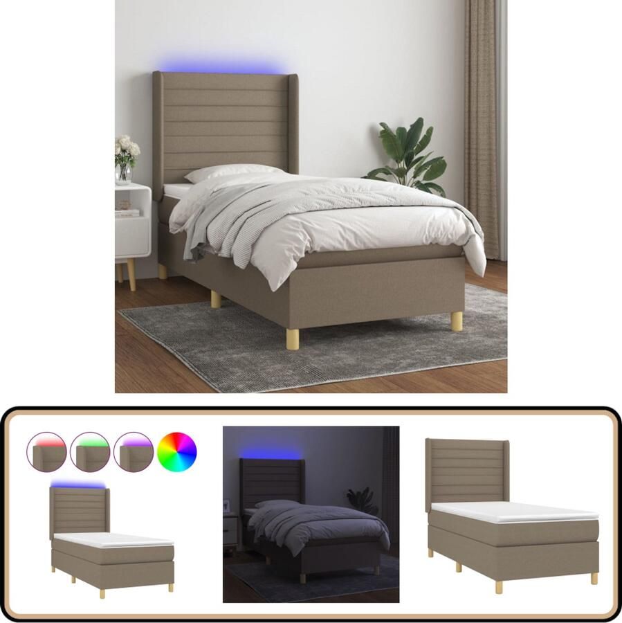 VidaXL Boxspring Met matras en LED Taupe 100x200 cm Boxspring Led Bed Slaapcomfort Pocketed Spring Mattress Taupe Kleuren Frame Bed Hoofdbord Slaapkamers