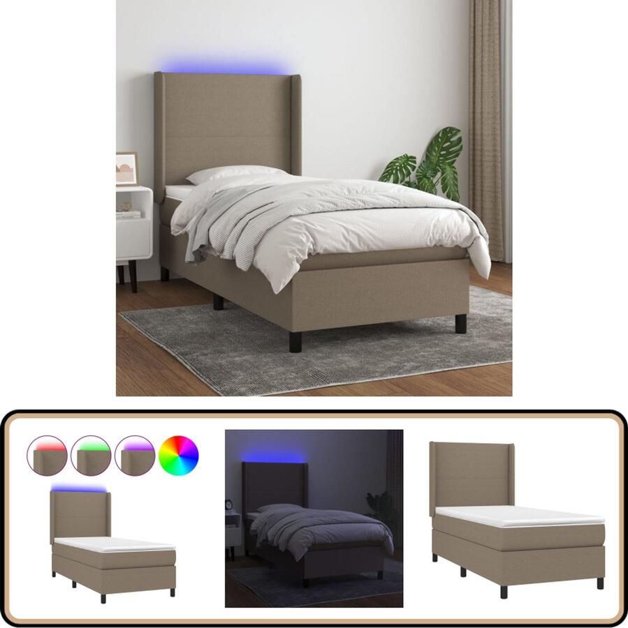 VidaXL Boxspring met matras en LED Taupe 100x200 cm Boxspring Led Boxspring Met Led Taupe Boxspring Tweepersoons Boxspring Pocketveer Matras Slaapcomfort