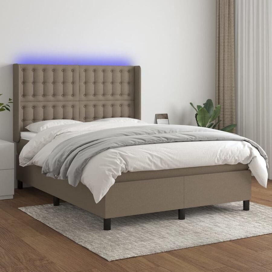 VidaXL Boxspring met matras en LED Taupe 140x190 cm Boxspring Led Bed Hoofdbord Pocketvering Matras Taupec