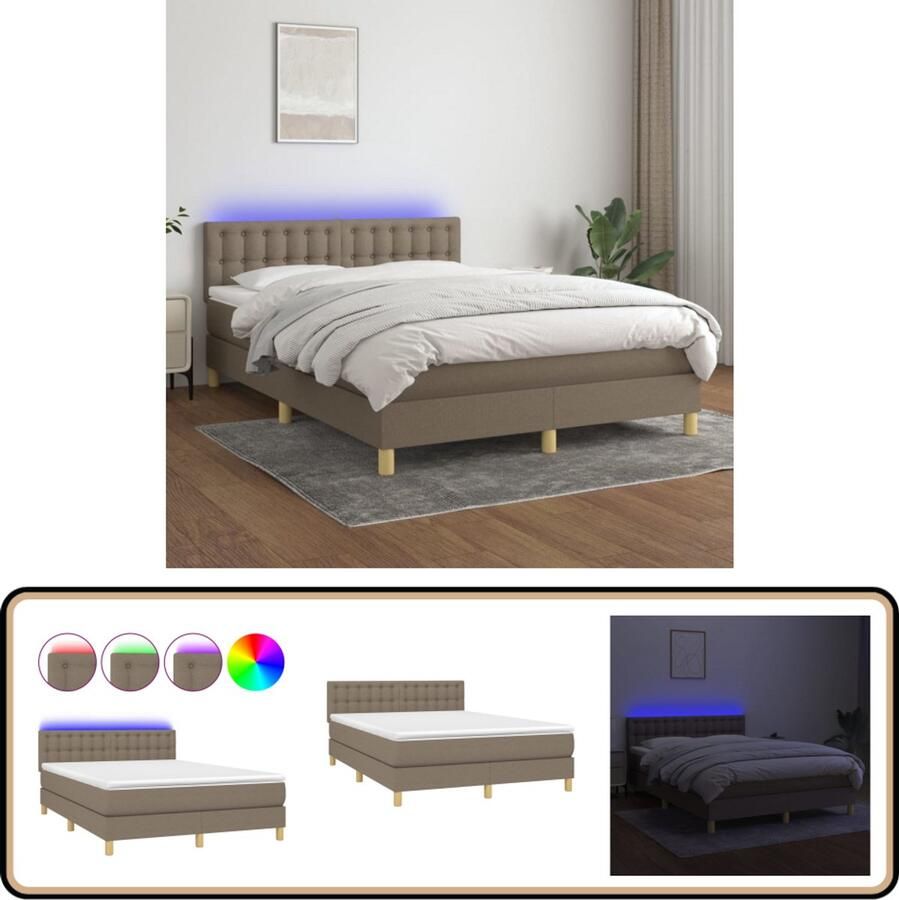 VidaXL Boxspring met matras en LED Taupe 140x200 cm Boxspring Bed Boxspring Led Lampje Slaapcomfort Taupecalor