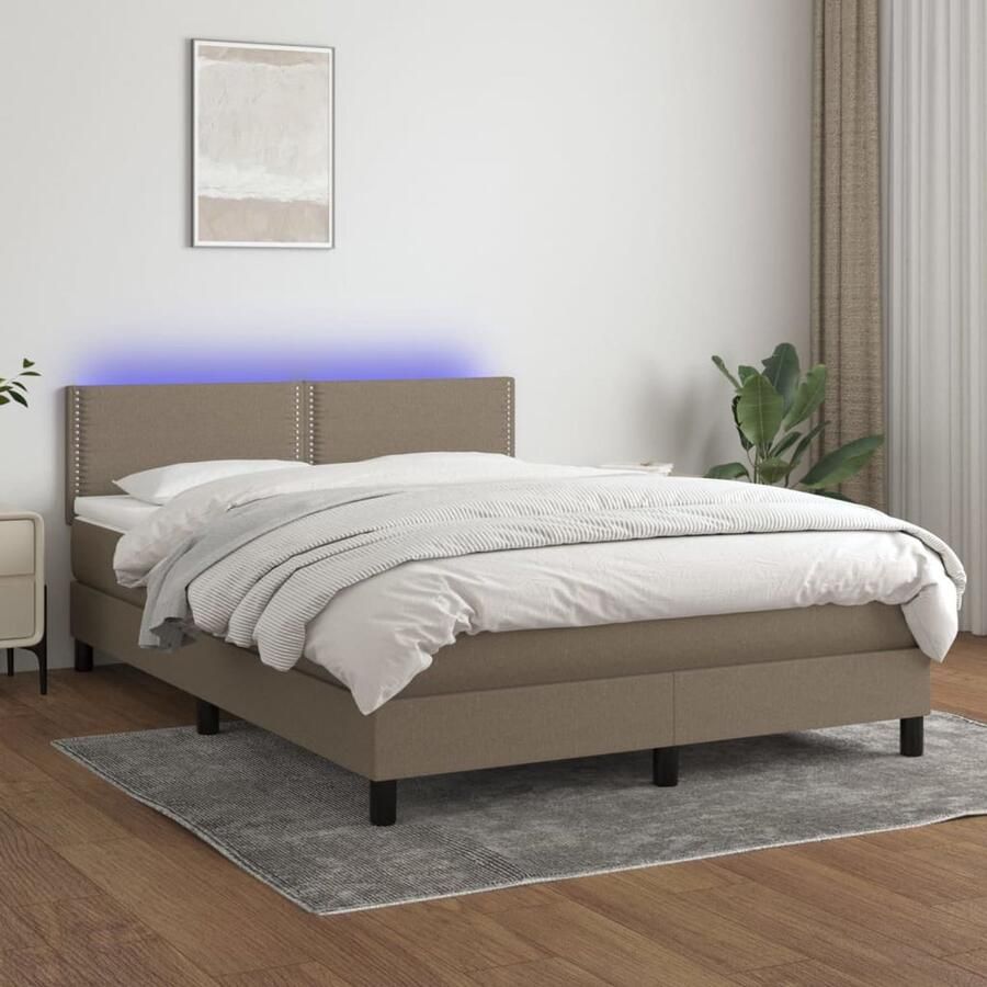 VidaXL Boxspring met matras en LED Taupe 140x200 cm Boxspring Bed Led Bed Pocketveer Matras Huidig Vriendelijk Topmatras Taupe Bed Slaapcomfort - Foto 3