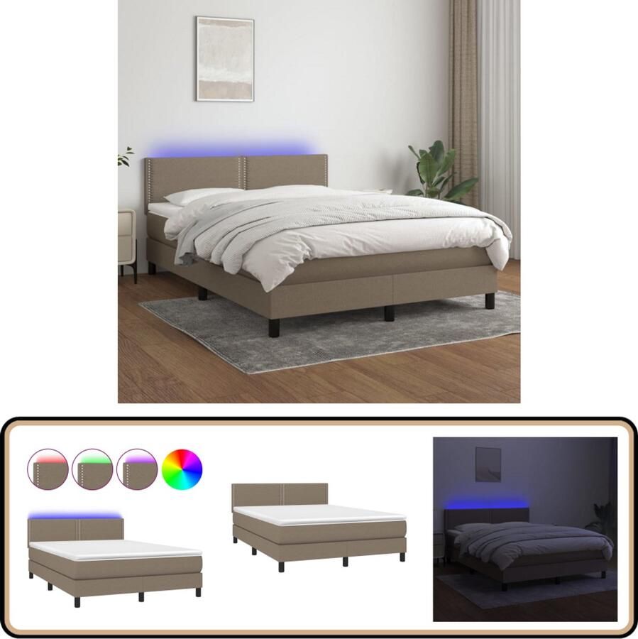 VidaXL Boxspring met matras en LED Taupe 140x200 cm Boxspring Bed Led Bed Pocketveer Matras Huidig Vriendelijk Topmatras Taupe Bed Slaapcomfort