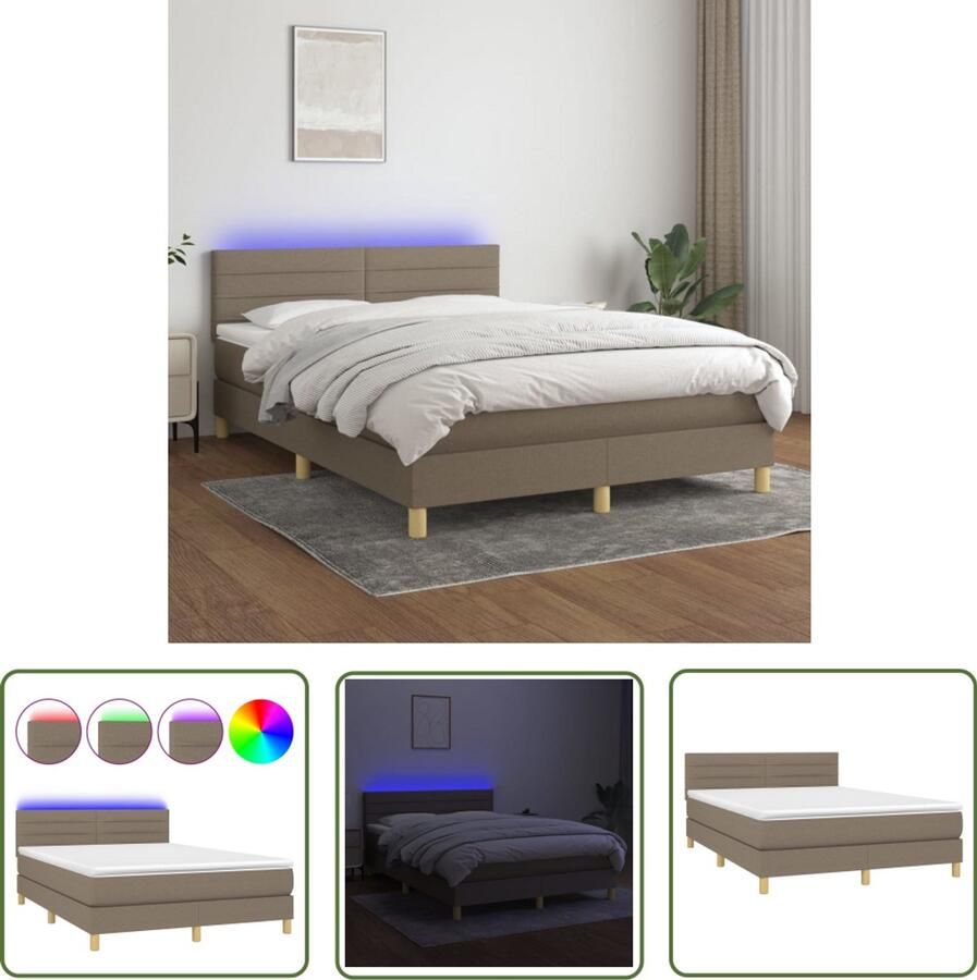 VidaXL Boxspring met matras en LED Taupe 140x200 cm Boxspring Led Bed Pocketveer Matras Taupe Bed Slaapcomfort Boxspring Frame Hoofdbord Bedroom Furniture - Foto 2