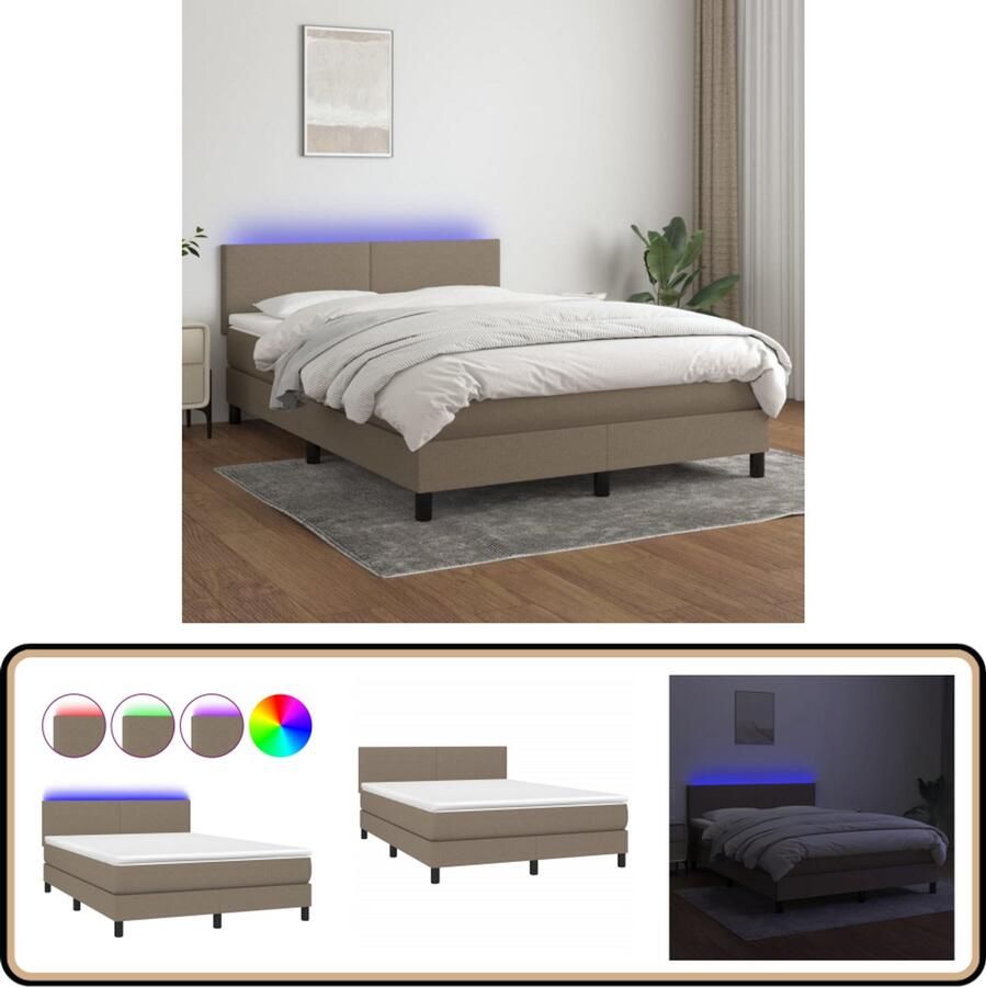 VidaXL Boxspring met matras en LED Taupe 140x200 cm Boxspring Led Bed Pocketveer Matras Taupe Bed Slaapcomfort Boxspring Frame Hoofdbord Bedroom Furniture