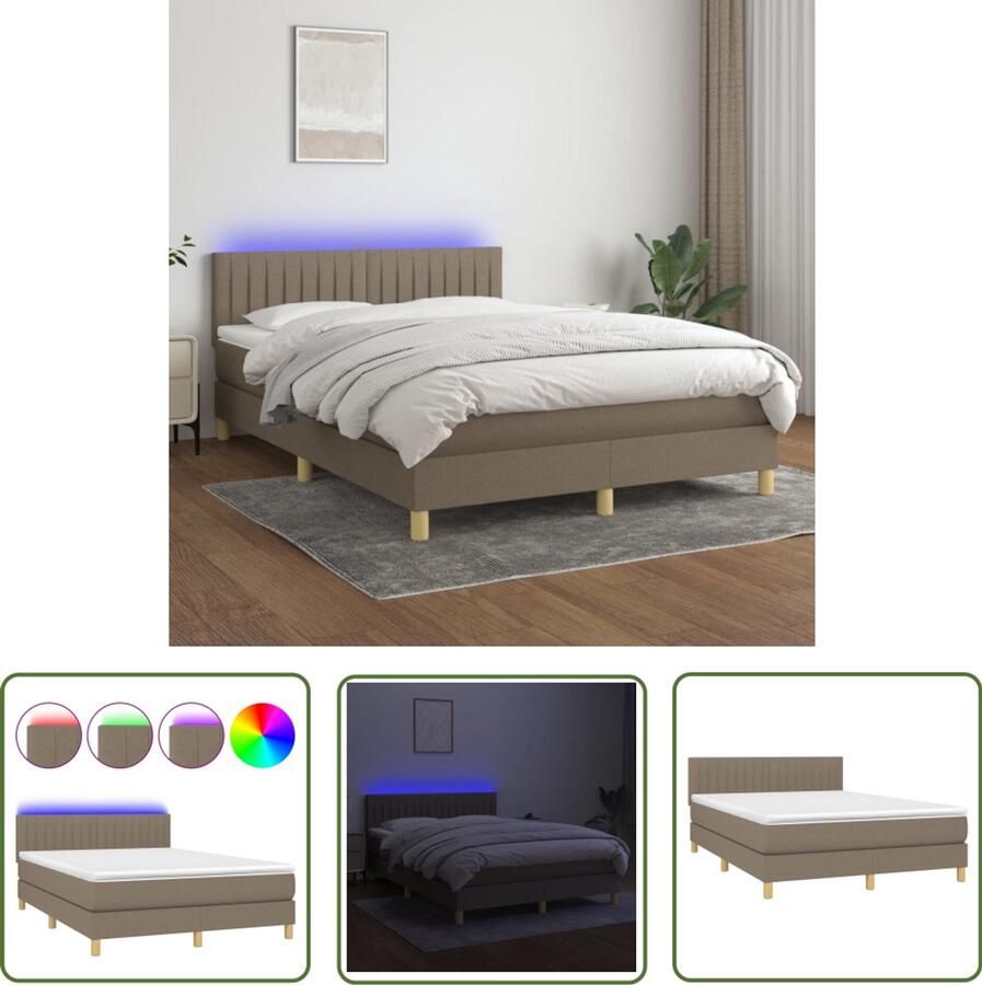 VidaXL Boxspring met matras en LED Taupe 140x200 cm Boxspring Led Boxspring Met Led Slaapcomfort Pocketed Veren Taupecalor Tweepersoonsbed Slaapkamers