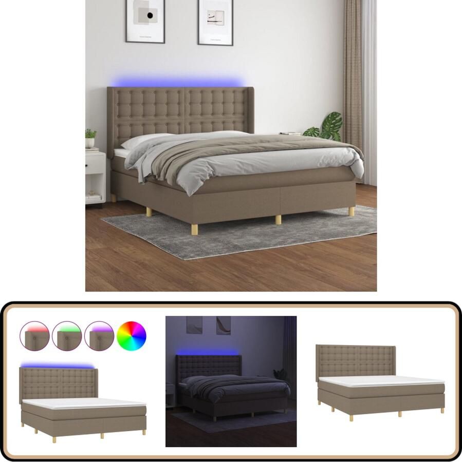 VidaXL Boxspring met Matras en LED Taupe 160x200 cm Boxspring Bed Led Bed Pocketveer Matras Taupe Bed Tweepersoons Bed