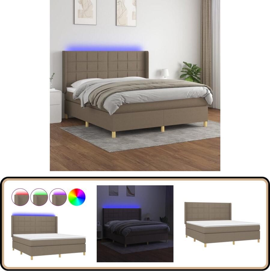 VidaXL Boxspring met Matras en LED Taupe 180x200 cm Boxspring Led Boxspring Pocketed Spring Mattress Hoofdbord Slaapcomfort
