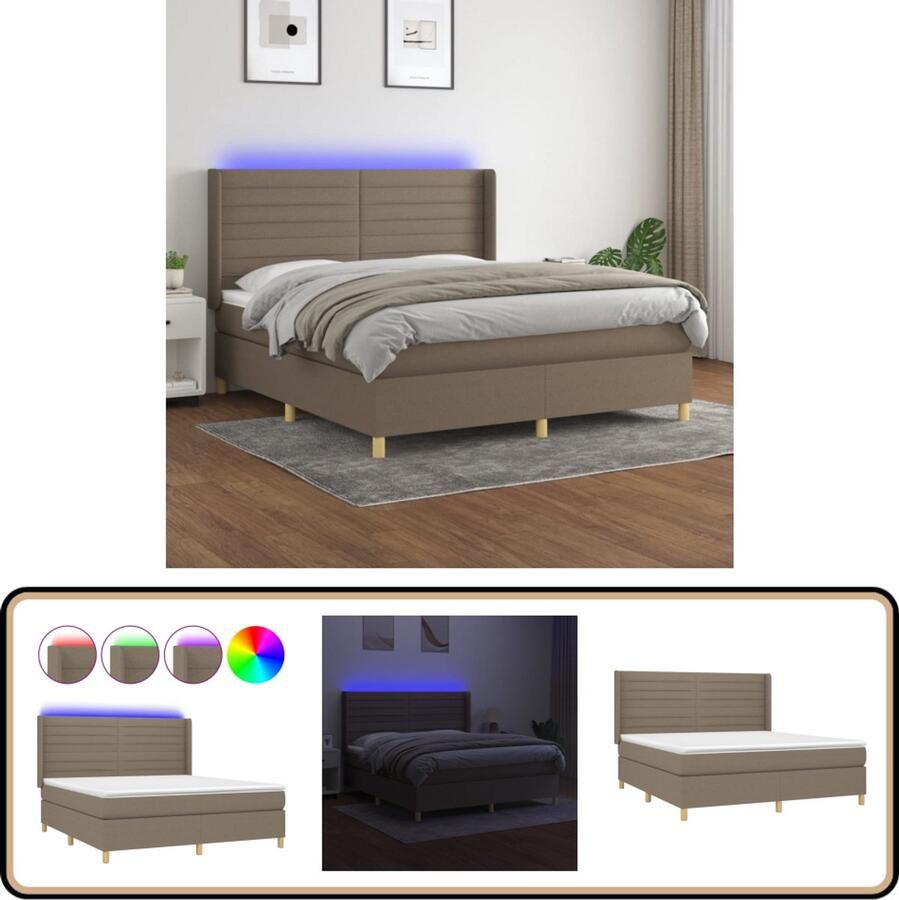 VidaXL Boxspring met matras en LED Taupe 180x200 cm Boxspring Led Lamp Pocketveer Matras Hoofdbord Taupe Slaapcomfort Bedroom Decoratie