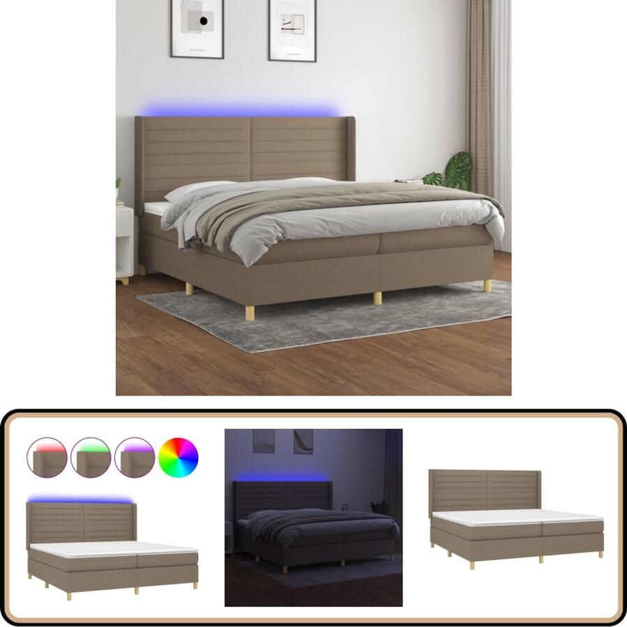 VidaXL Boxspring met matras en LED Taupe 200x200 cm Boxspring Bed Led Lamp Pocketed Spring Mattress Taupe Bed Slaapcomfort Luxe Bed Slaapkamers