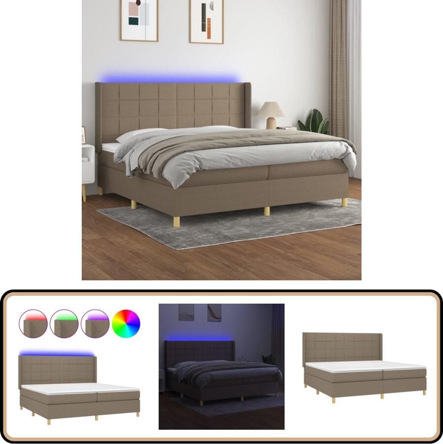 VidaXL Boxspring met matras en LED Taupe 200x200 cm Boxspring Bed Slaapcomfort Led Verlichting Pocketed Veren Matras Adjustable Headboard Taupec