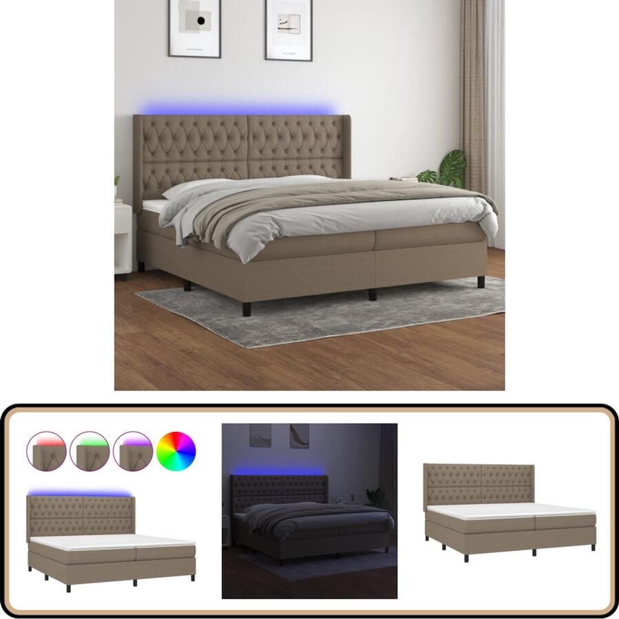 VidaXL Boxspring met matras en LED Taupe 200x200 cm Boxspring Led Bed Boxspring Bed Verstelbare Hoofdbord Pocketvering Matras Huidgevend Topmatras Taupe