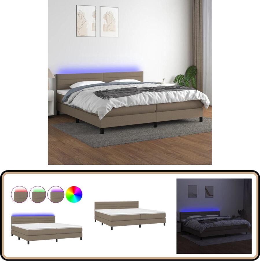 VidaXL Boxspring met matras en LED Taupe 200x200 cm Boxspring Led Lamp Pocketvering Taupe Boxsprings