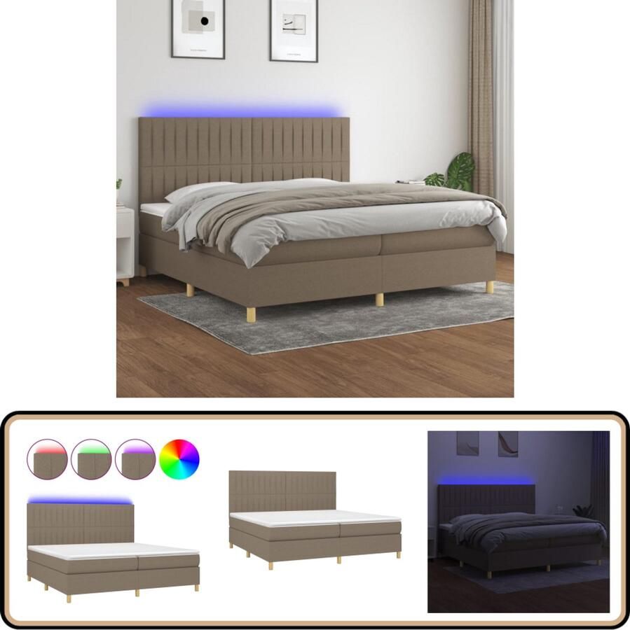 VidaXL Boxspring met matras en LED Taupe 200x200 cm Boxspring Slaapcomfort Led Verlichting Adjustable Headboard Pocketvering Matras