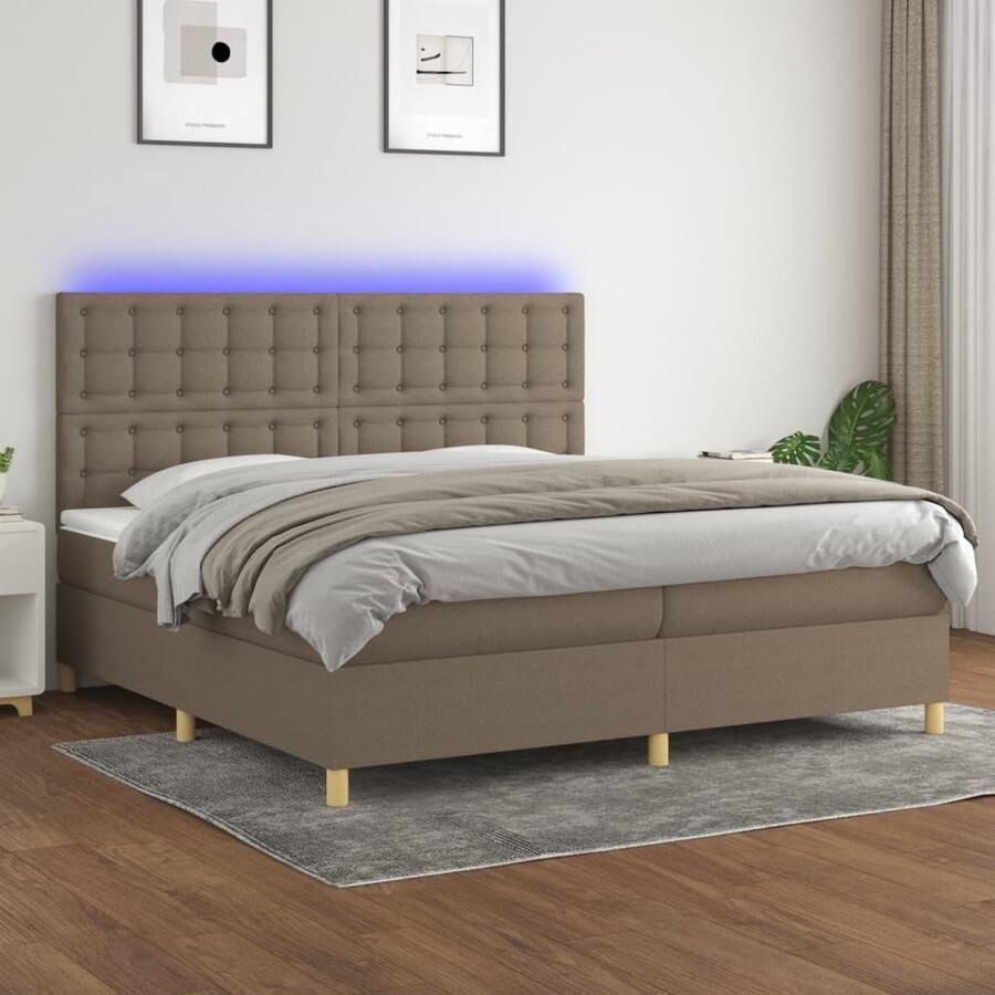 VidaXL Boxspring met matras en LED Taupe 200x200cm Boxspring Bed Boxspring Tweepersoons Bed Led Lampjes Verstelbare Hoofdbord Pocketvering Matras Taupe - Foto 2