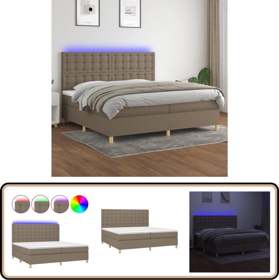 VidaXL Boxspring met matras en LED Taupe 200x200cm Boxspring Bed Boxspring Tweepersoons Bed Led Lampjes Verstelbare Hoofdbord Pocketvering Matras Taupe