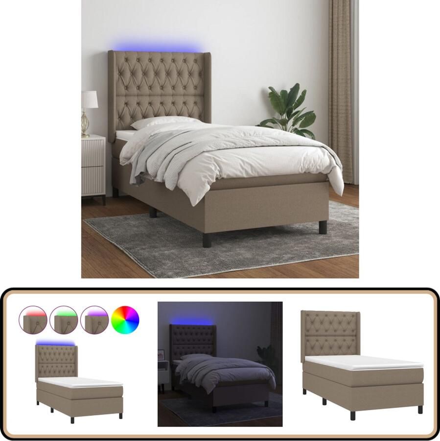 VidaXL Boxspring met matras en LED Taupe 80x200 cm Boxspring Bed Slaapcomfort Led Verlichting Pocketed Veren Matras Taupe Kleuren Adjustable Headboard