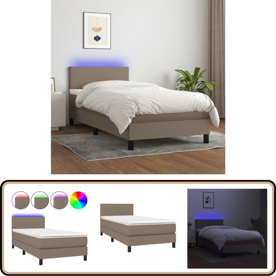 VidaXL Boxspring met matras en LED Taupe 100x200 cm Boxspring Bed Slaapcomfort Led Verlichting Verstelbare Hoofdbord Taupe