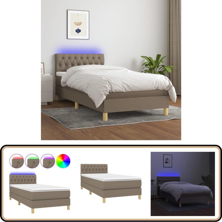 VidaXL Boxspring met matras en LED Taupe 90x190 cm Boxspring Led Boxspring Met Led Slaapcomfort Pocketed Veren Taupecolor Tweepersoonsbed Slaapkamers