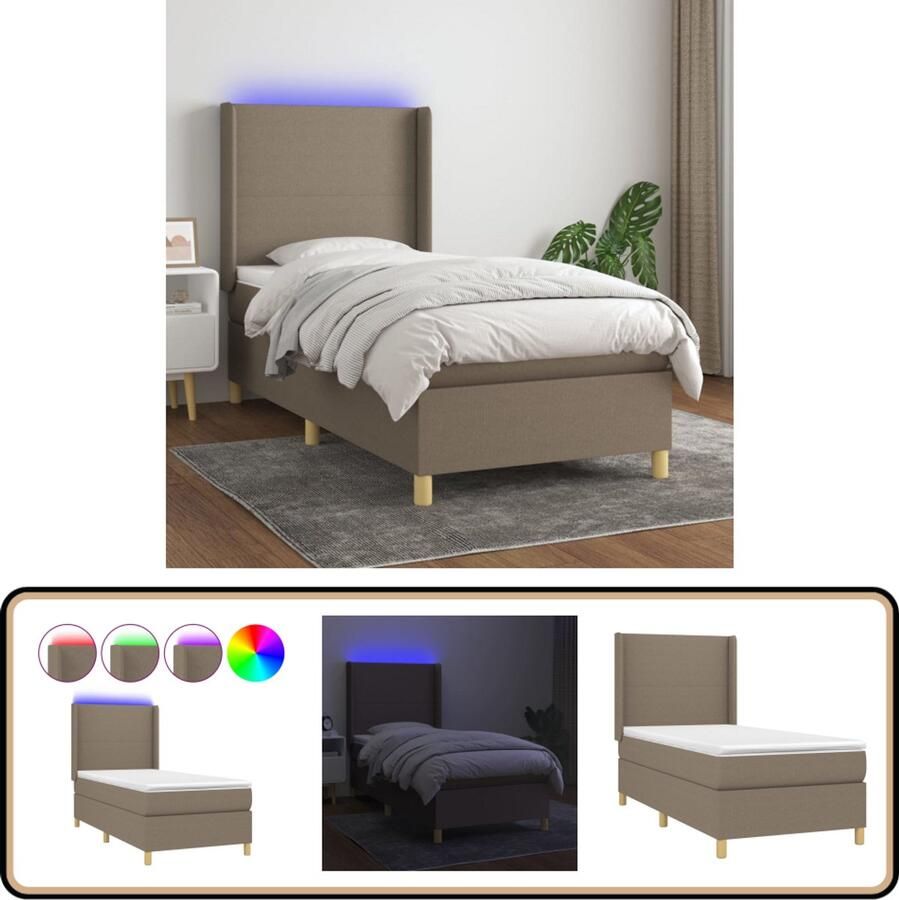 VidaXL Boxspring met matras en LED Taupe 90x200 cm Boxspring Led Bed Pocketed Spring Mattress Hoofdbord Taupes Kleuren