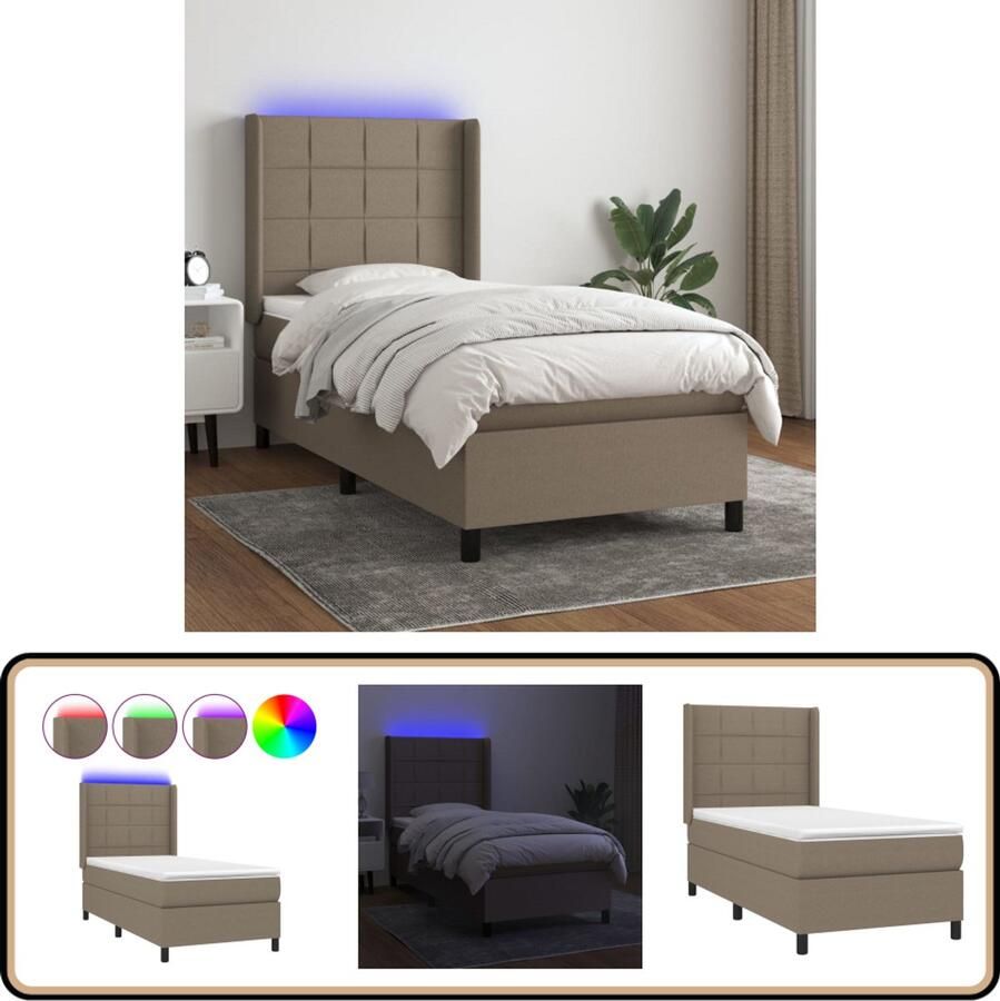VidaXL Boxspring met matras en LED Taupe 90x200 cm Boxspring Led Bed Pocketvering Matras Taupes Bed Slaapcomfort