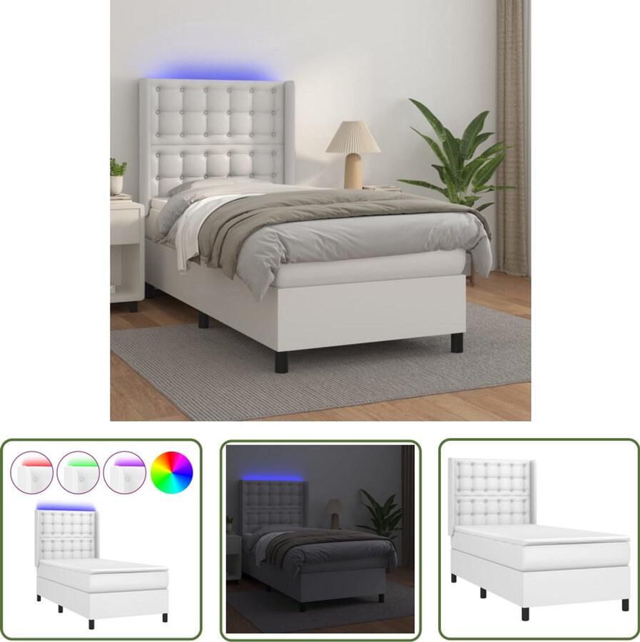 VidaXL Boxspring Met Matras en LED Wit 100x200 cm Boxspring Led Bed Kunstleder Bed Hoofdbord Pocketveer Matras Tweepersoonsbed Slaapcomfort Bedroom Furniture