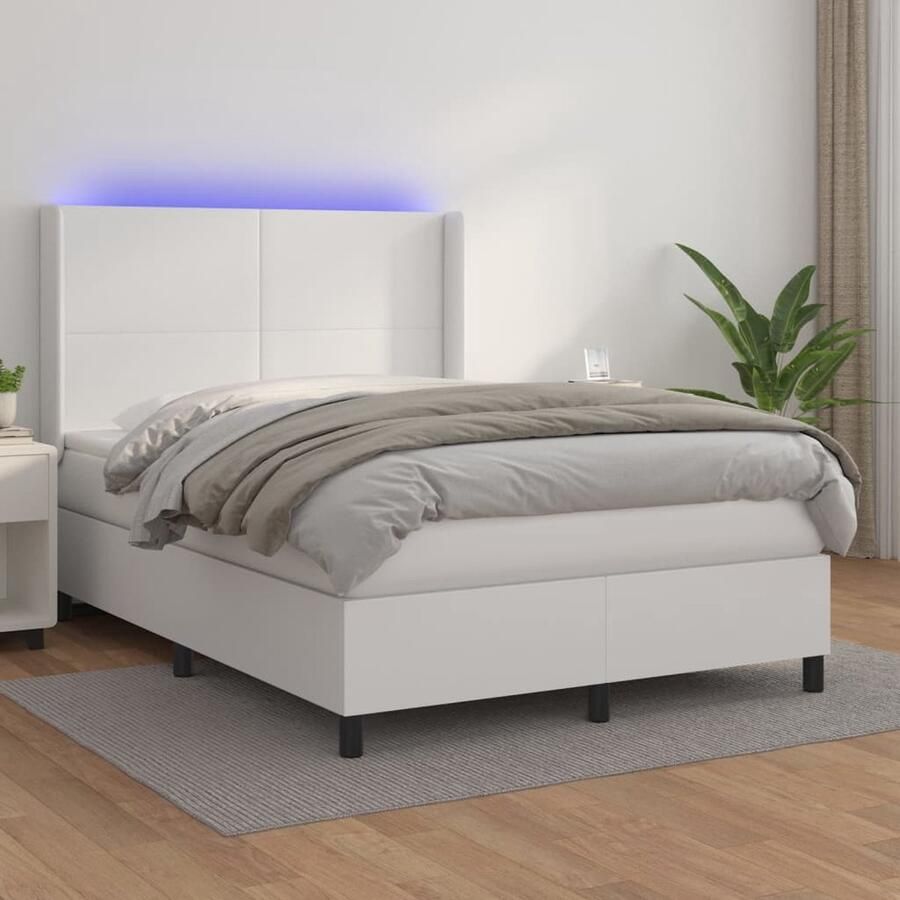 VidaXL Boxspring Met Matras en LED Wit 140x200 cm Boxspring Led Bed Kunstleder Bed Tweepersoons Bed Slaapcomfort Pocketed Spring Mattress Hoofdbord Bedroom Furniture - Foto 2