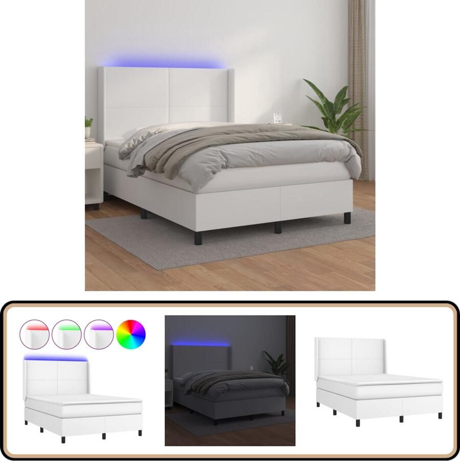 VidaXL Boxspring Met Matras en LED Wit 140x200 cm Boxspring Led Bed Kunstleder Bed Tweepersoons Bed Slaapcomfort Pocketed Spring Mattress Hoofdbord Bedroom Furniture