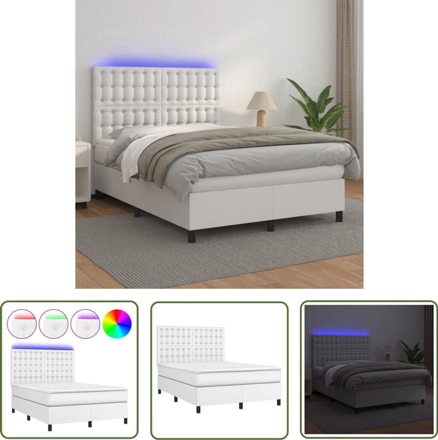 VidaXL Boxspring Met Matras en LED Wit 140x200 cm Boxspring Led Boxspring Kunstleder Bed Verstelbare Hoofdbord Pocketveer Matras Huidgevend