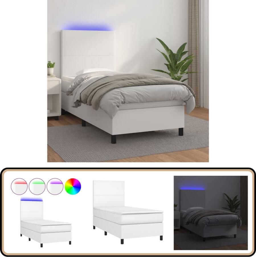 VidaXL Boxspring met matras en LED Wit 90x190 cm Boxspring Led Boxspring Kunstleder Boxspring Hoofdbord Verstelbaar Pocketveer Matras Witte Boxspring Tweepersoons Boxspring