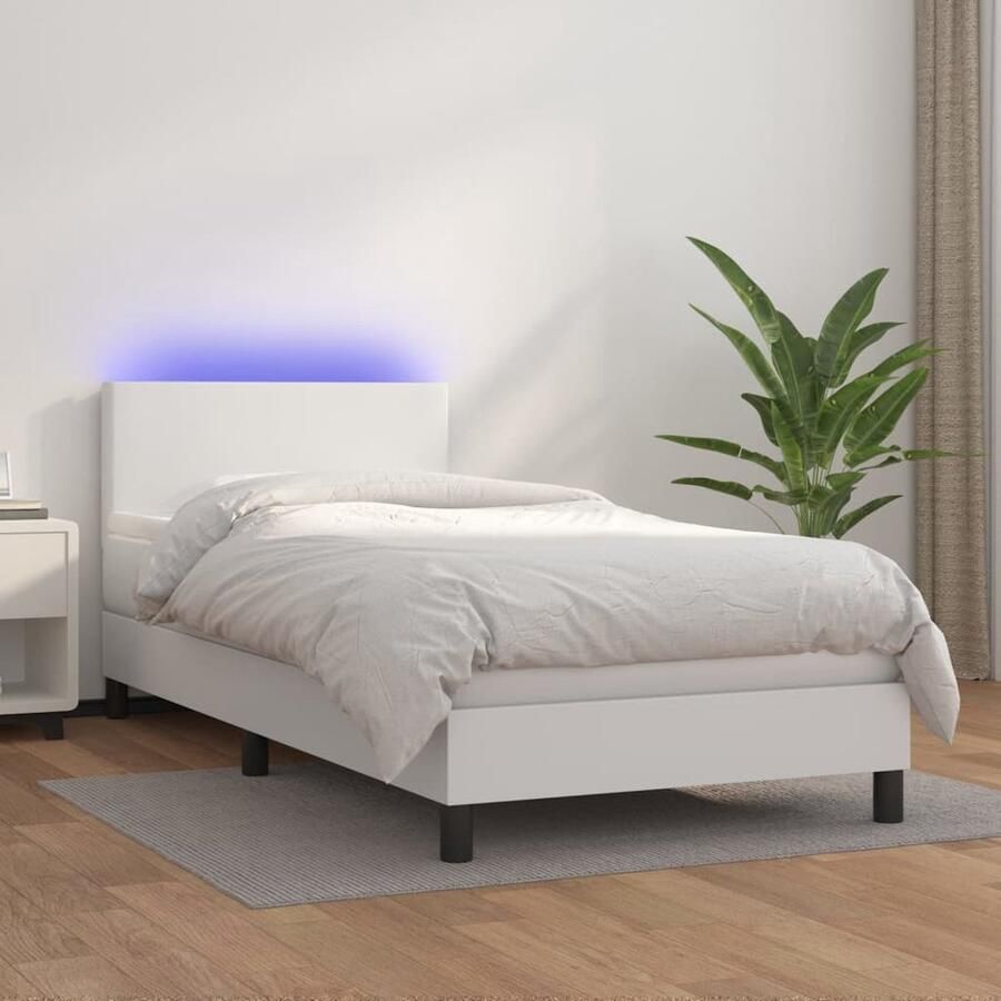 VidaXL Boxspring met matras en LED Wit 90x200 cm Boxspring Bed Slaapcomfort Led Verlichting Witte Boxspring Kunstleder Bed Pocketed Veren Matras Hoofdbord - Foto 2
