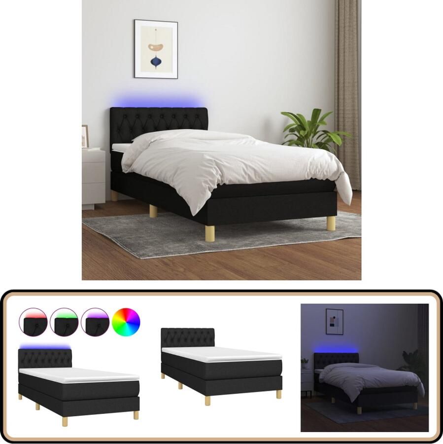 VidaXL Boxspring met Matras en LED Zwart 100x200 cm Boxspring Bed Led Bed Zwarte Boxspring Tweepersoons Bed Pocketed Spring Mattress Hoofdbord Slaapcomfort