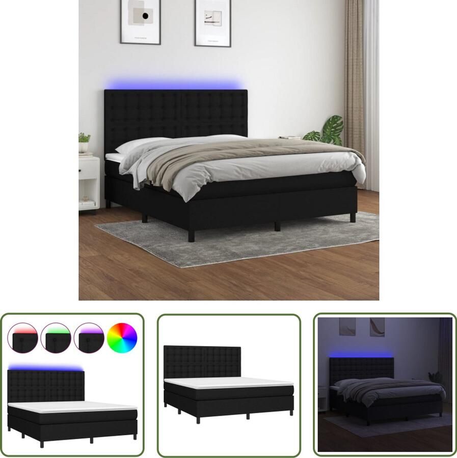 VidaXL Boxspring met matras en LED Zwart 160x200 cm Boxspring Bed Led Lamp Pocketveer Matras Hoofdbord Slaapcomfort Tweepersoons Bed Zware Boxspring