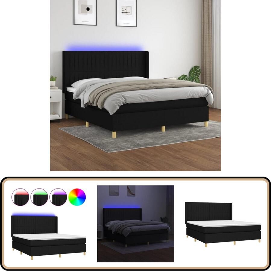 VidaXL Boxspring met Matras en LED Zwart 180x200 cm Boxspring Led Boxspring Met Led Pocketvering Boxspring 180x200 Zwarte Boxspring Slaapcomfort
