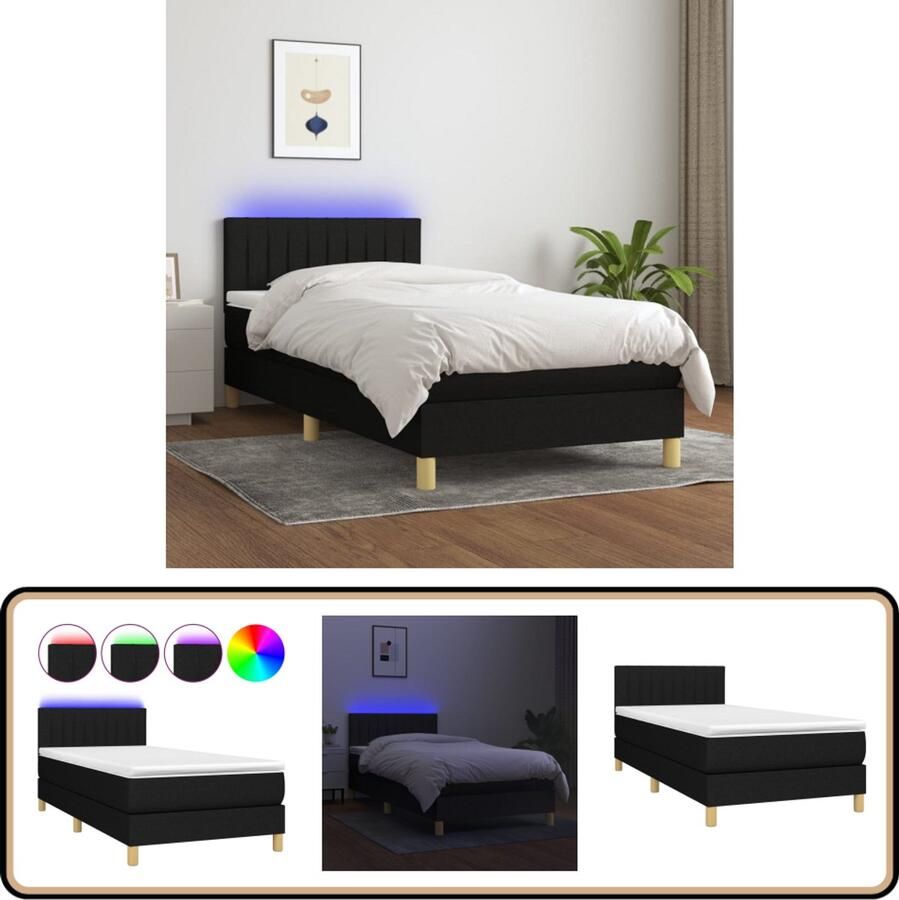 VidaXL Boxspring met LED en Matras 90x190 cm Zwart Boxspring Bed Led Lamp Slaapcomfort Verstelbare Hoofdbord Zwarte Bed Design Bed