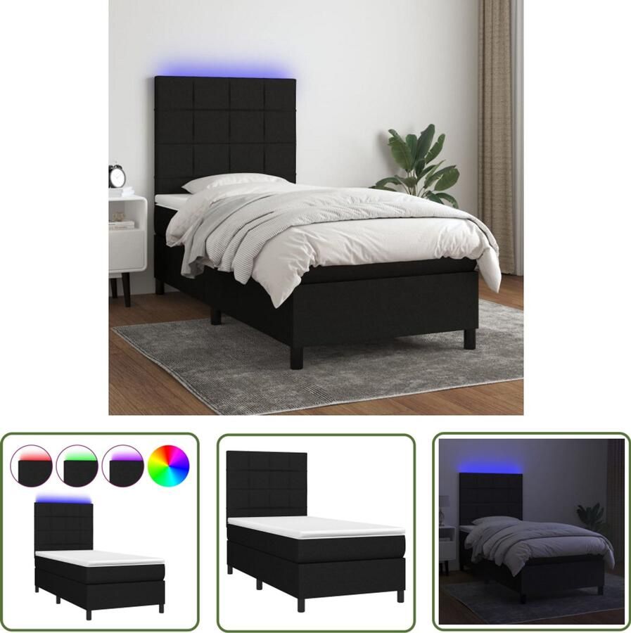 VidaXL Boxspring met Matras en LED Zwart 90x200 cm Boxspring Led Boxspring Met Led Pocketveer Matras Zwarte Boxspring Slaapcomfort Hoofdbord Adjustable Headboard Bedroom Furniture